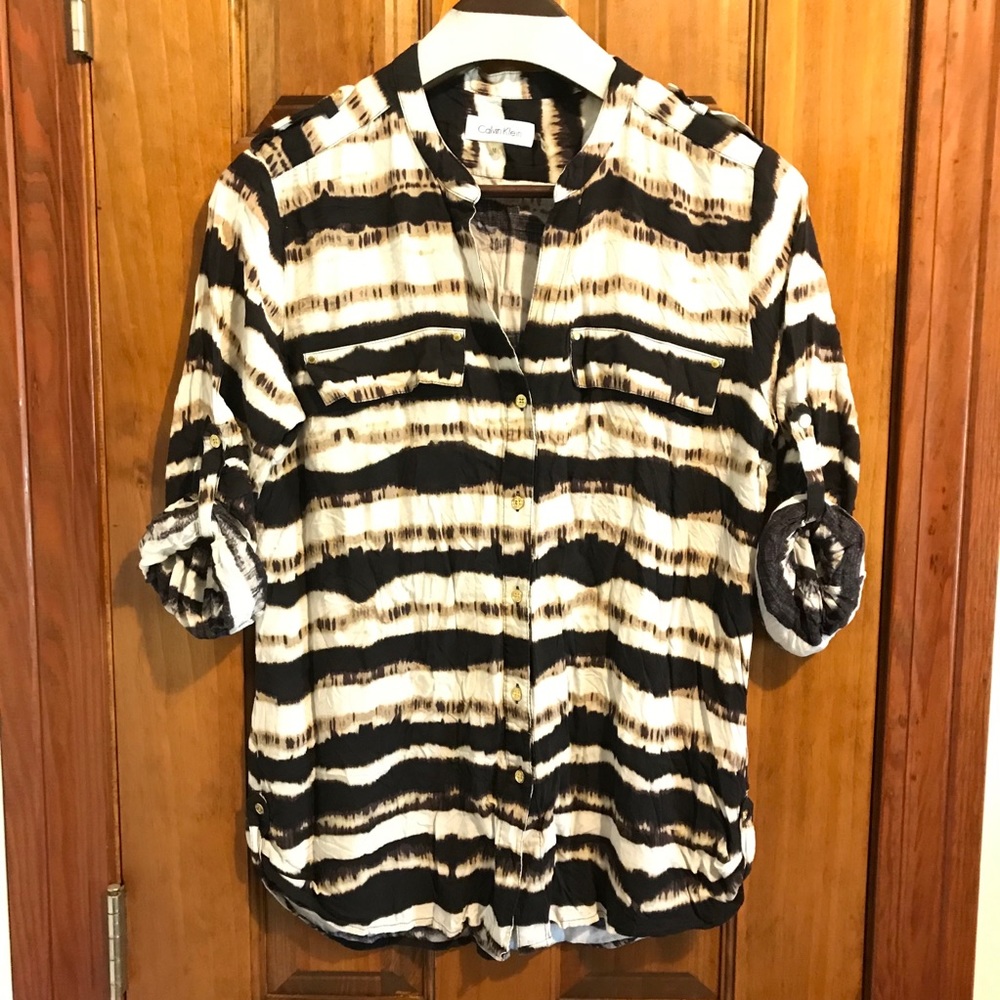 Calvin Klein Brown & Cream Button Up Blouse M